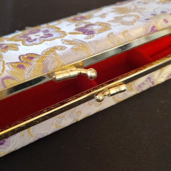 VTG Asian Silk Wrapped Floral Gold Purple Travel Jewelry Box with Mirror - Picture 7 of 15